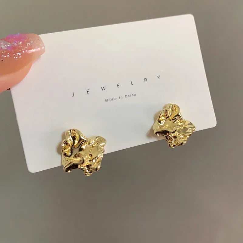 Charm Irregularity Fold and Wrinkle Metal Block Stud Earrings for Women Personality Fashion Korea Earring Jewelry Accessories