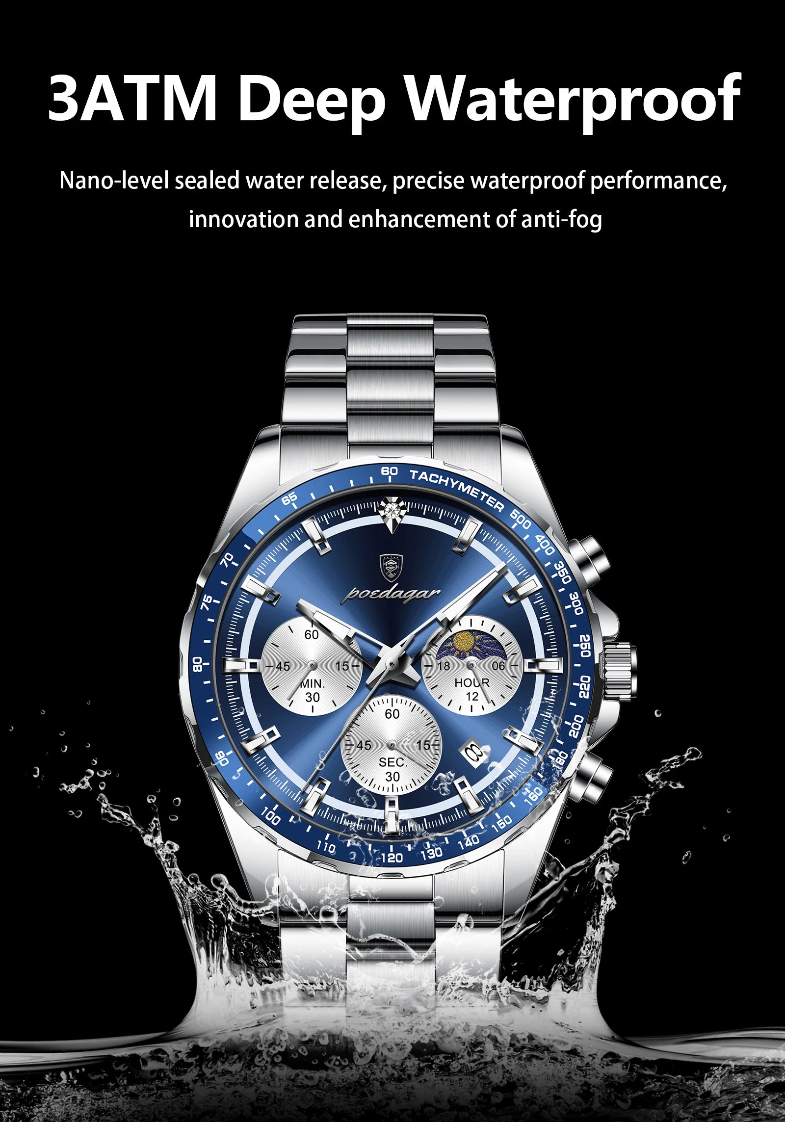 POEDAGAR Luxury Sport Watch For Men Waterproof Luminous Date Chronograph Man Wristwatch Stainless Steel Men's Quartz Watches+Box