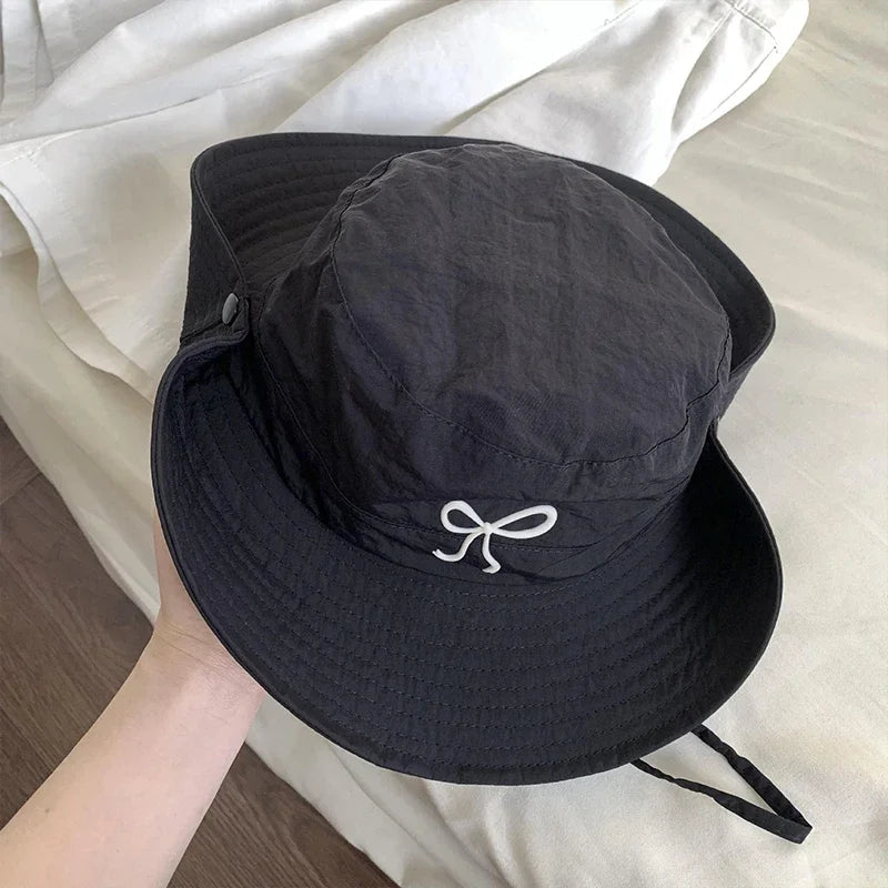 Fashion Bow Embroidery Quick Dry Bucket Hat Summer Hiking Camping Caps Wide Brim Fordable Sunscreen Y2K Hats Girl Women