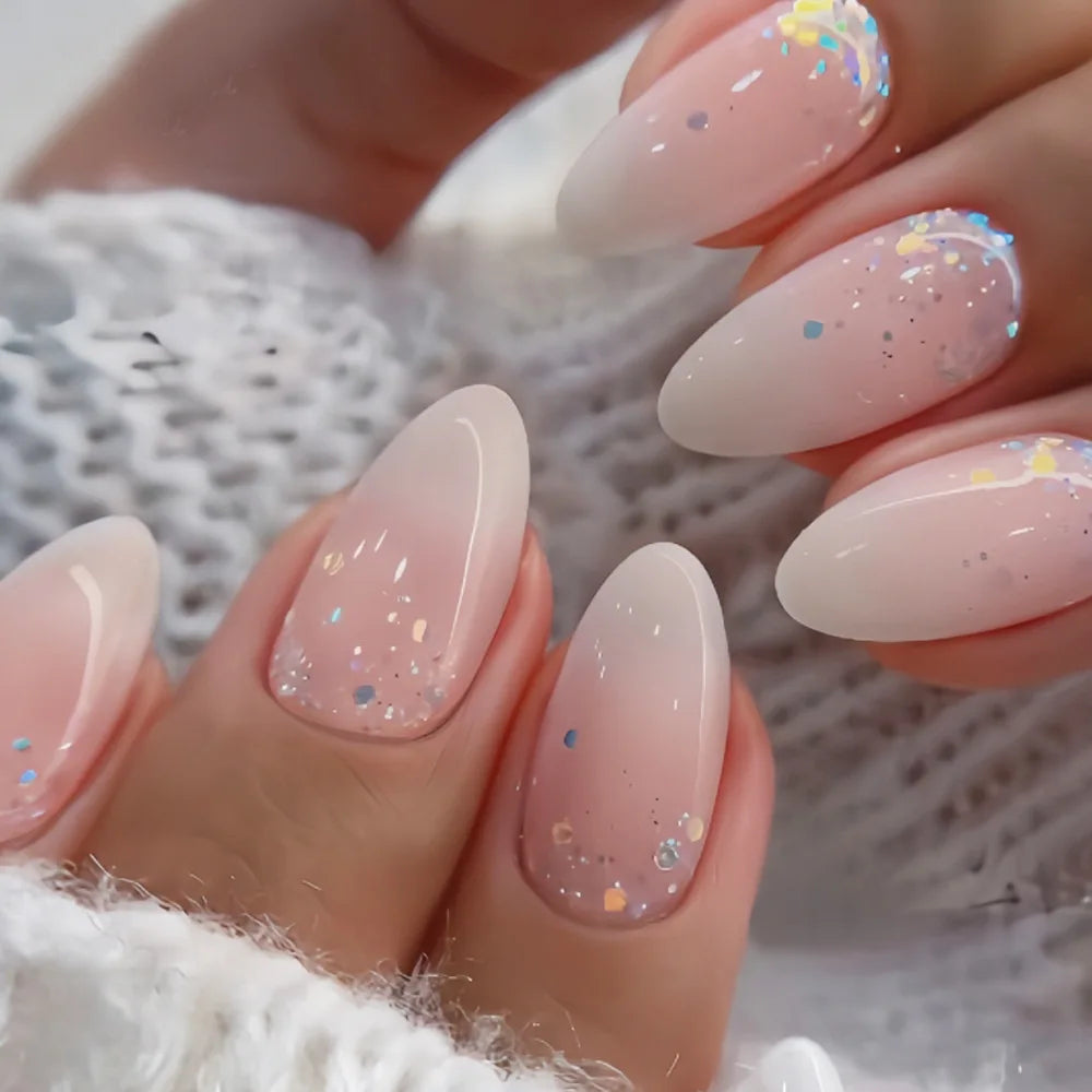 24Pcs Almond Head Press on Nails Fashionable Nail Art Colorful Gradient Flowers False Nails Dreamy Summer Nails Fun Fake Nail