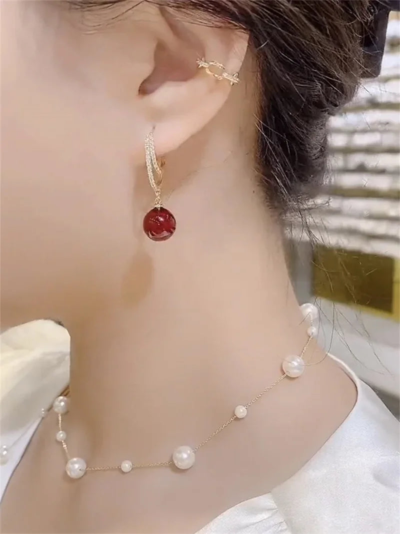 Retro Red Simulated Pearl Dangle Earrings Korean Trendy Ball Bead Long Drop Earring  Ladies Fashion Jewelry Accessories