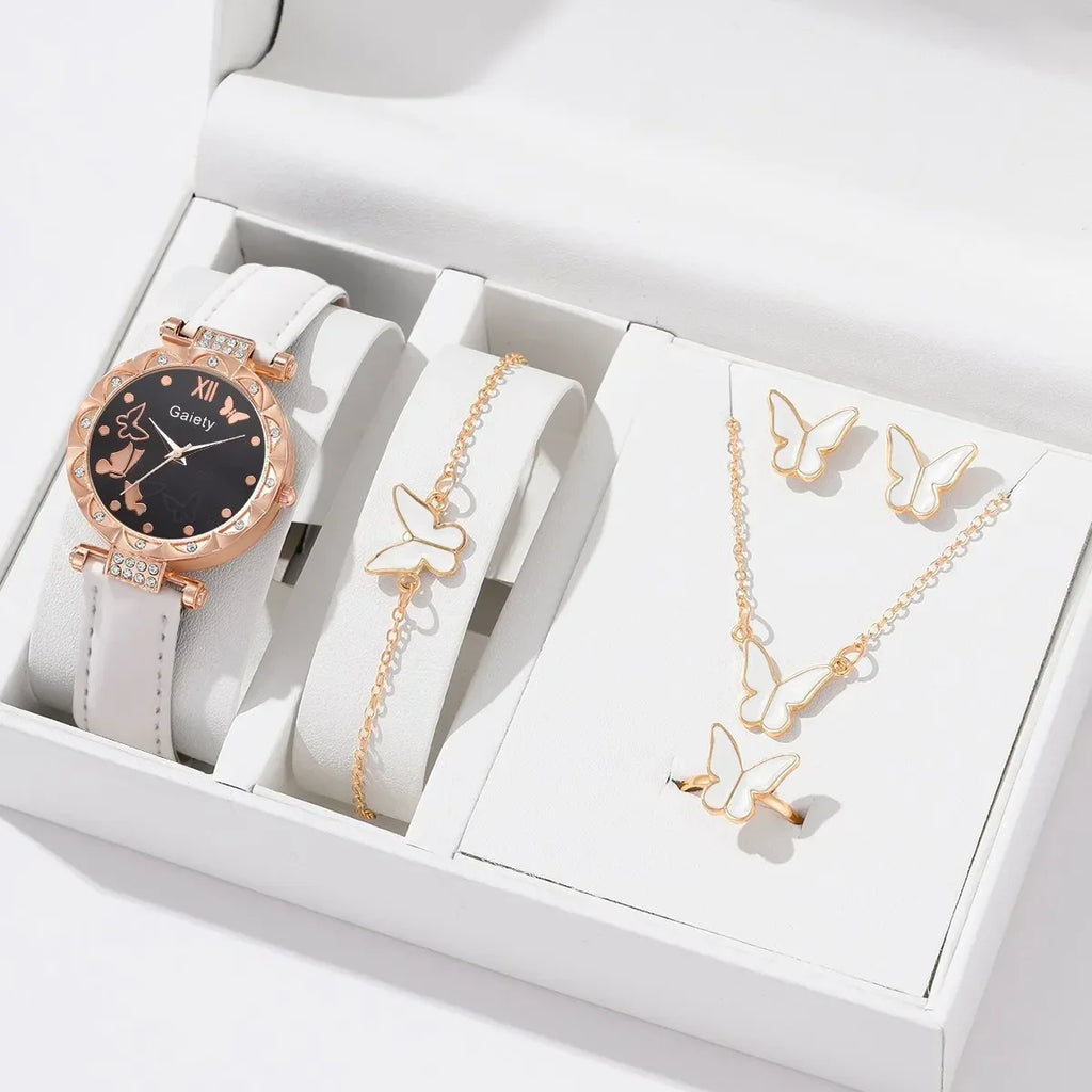 1/6PCS Set Luxury Watch Women Ring Necklace Earrings Rhinestone Fashion Wristwatch Ladies Casual Watches Bracelet Set Clock