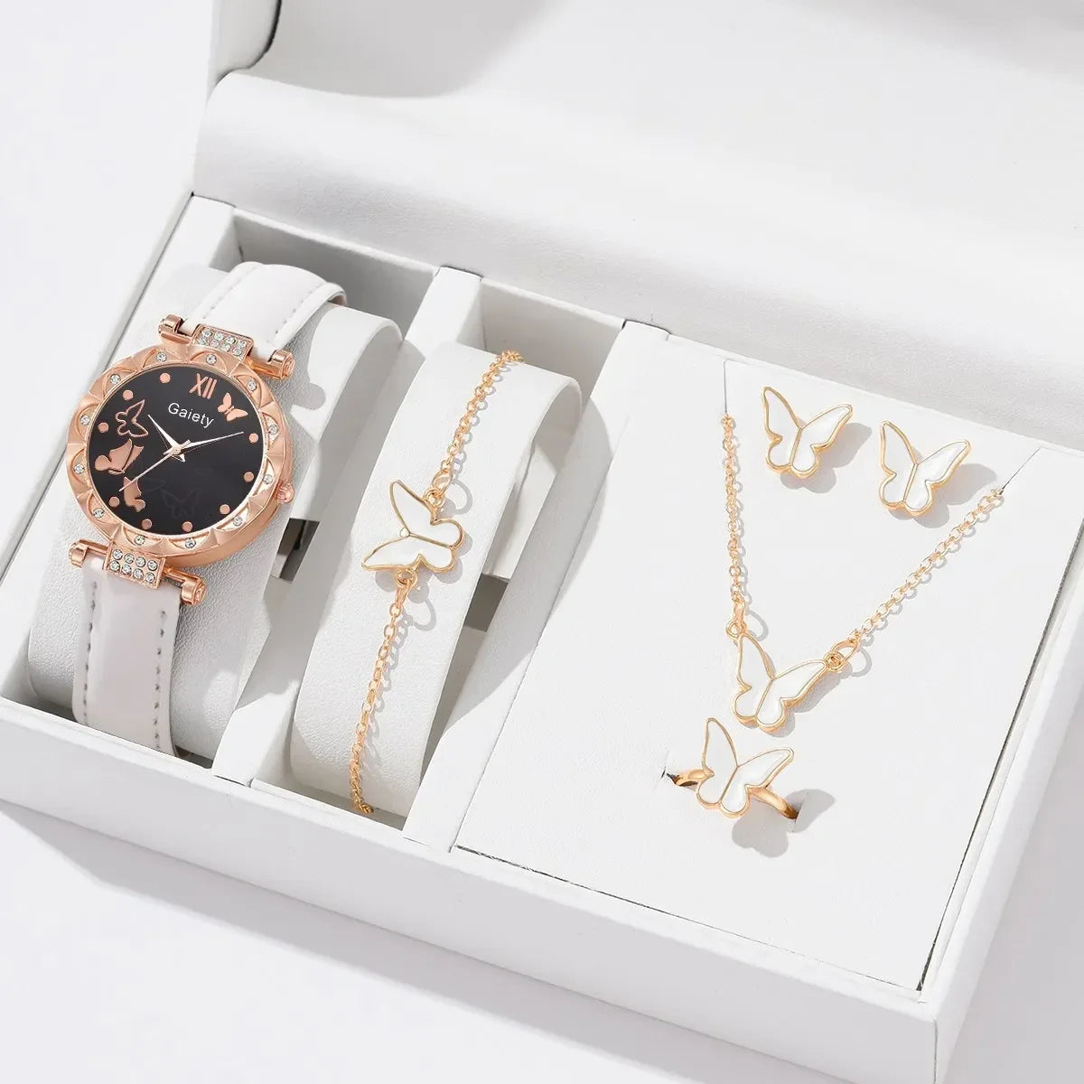 1/6PCS Set Luxury Watch Women Ring Necklace Earrings Rhinestone Fashion Wristwatch Ladies Casual Watches Bracelet Set Clock