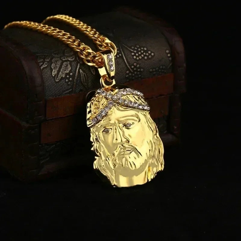 Christian Iced Out Bling Jesus Head Portrait Necklace Pendant Male and Female Cross Catholic Amulet Jewelry