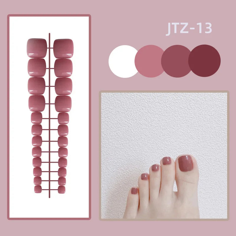 24P Acrylic Toenails Bright Faced Press on Nails Art Removable Short Fake Toenails Full Cover Artificial Toe False Nails No Glue
