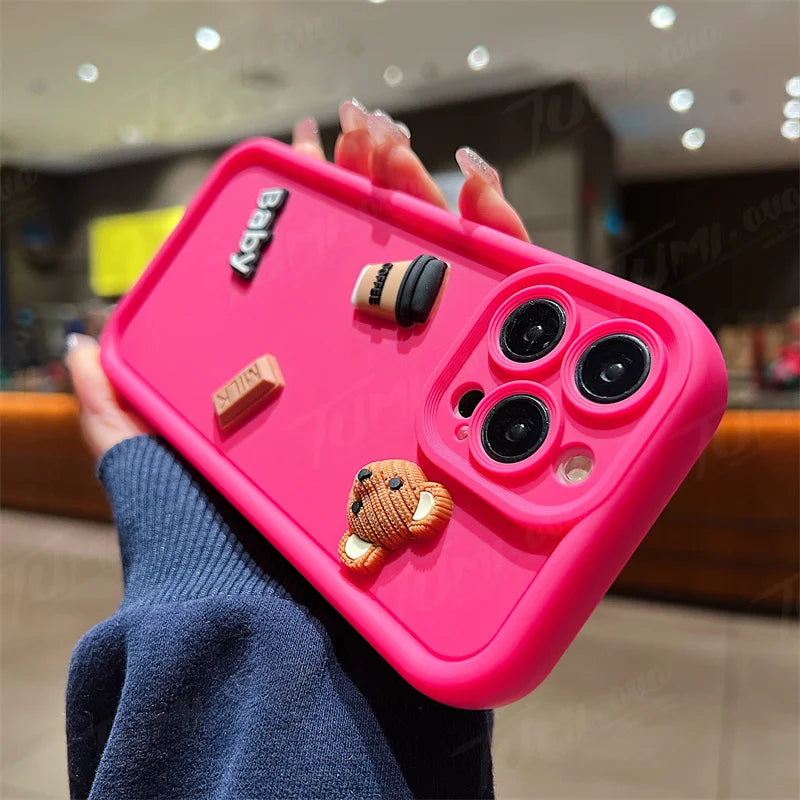 Coffee Bear Shockproof Soft Phone Case For iPhone 15 14 13 12 11 Pro Max X XR 7 8 Plus Candy Liquid Silicone Bumper Back Cover
