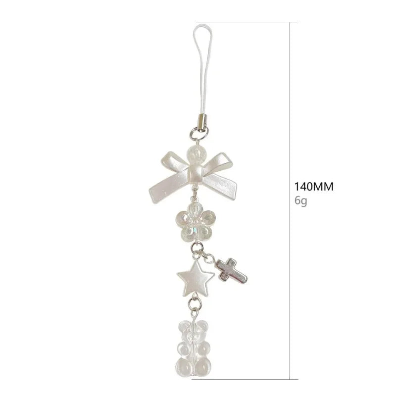 Candy Color Pearl Bowknot Phone Chain Sweet Bear Heart Pendant Earphone Case Anti-Lost Lanyard Bag Decor