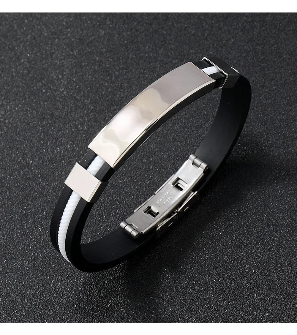 Fashion Men Silicone Bracelet Stainless Steel Bracelet on Hand for Couple Unisex Wrist Chain Jewelry