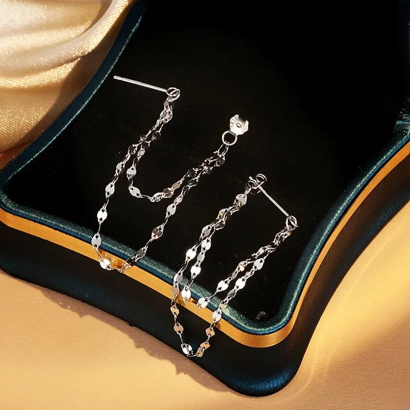925 Sterling Silver Double Layered Tassel Earrings Long Sparkling Chain Earrings Summer Exquisite and Fashionable Party Jewelry