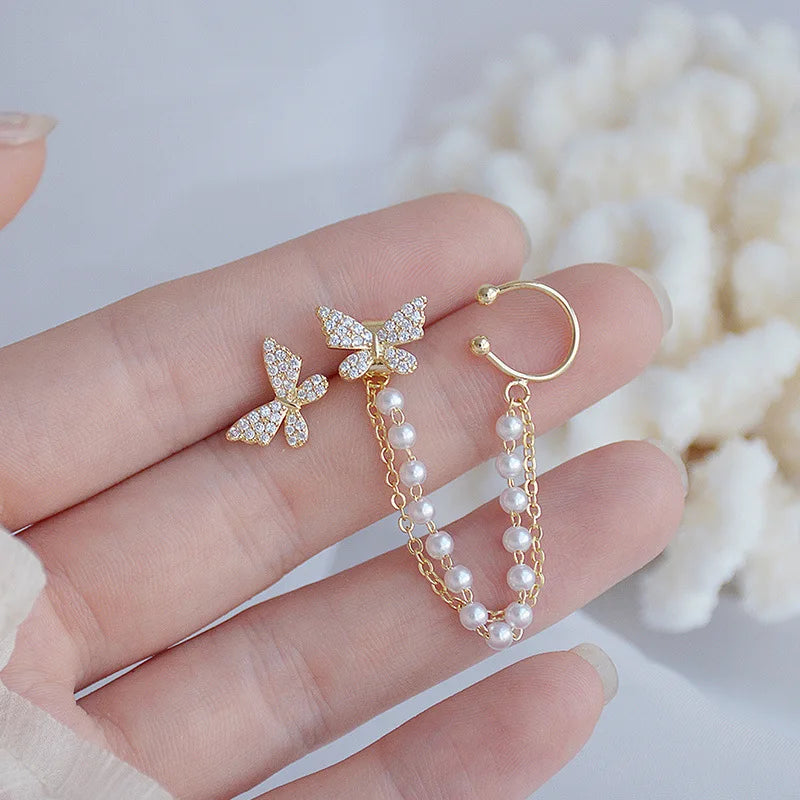 LATS Fashion Crystal Butterfly Clip Earring for Women Pearl Bead Ear Cuff Long Tassels Charm Hollow Earrings Clip Jewelry Gifts