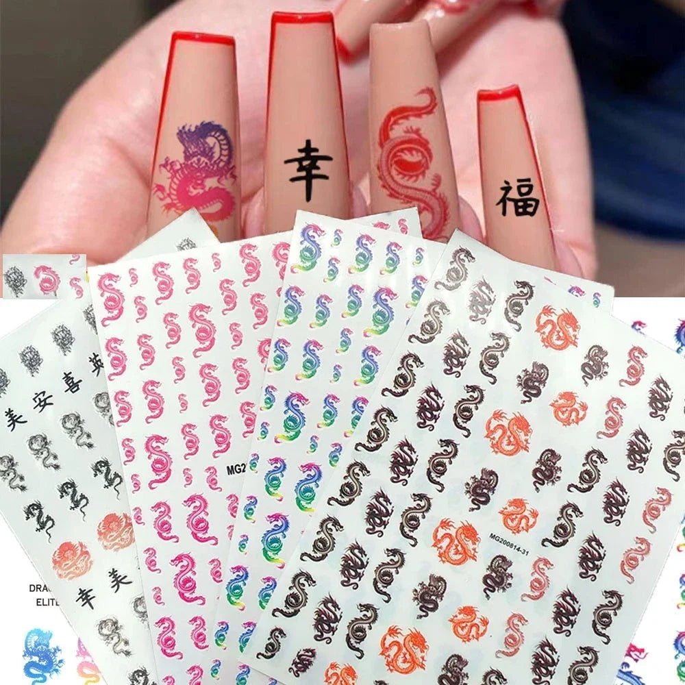 3D Chinese Red Black Dragon Manicure Decor Stickers Snake Nail Sticker DIY Self Adhesive Nail Decals Acrylic Nail Art Decoration