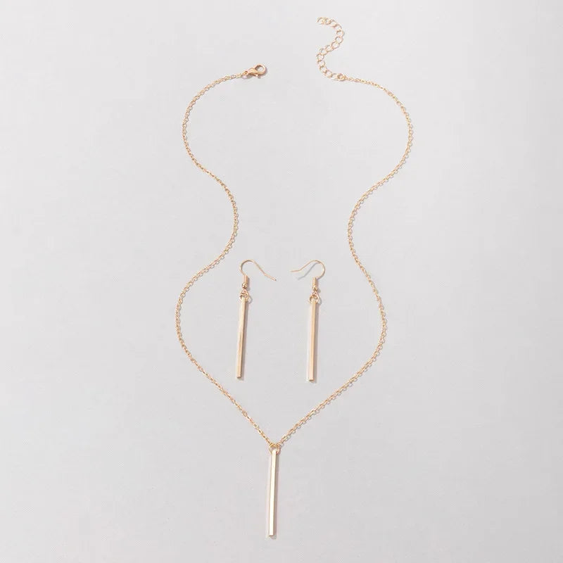 Elegant Gold Stick Jewelry Sets for Women Pendant Necklace Drop Earring Simlpe Adjustable Geometry Wedding Jewelry