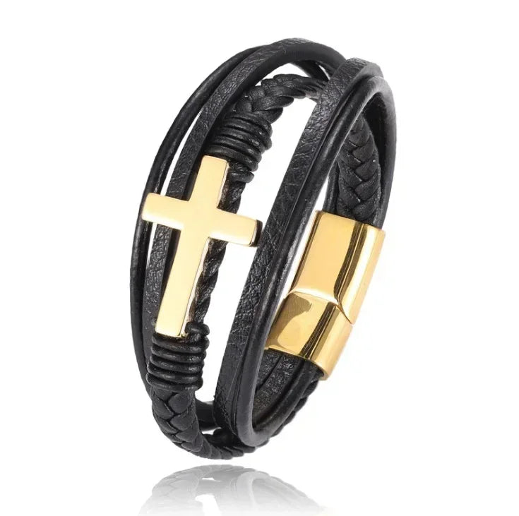 Hexagram Leather Bracelet Star of David Handwoven Double Layer Leather Magnetic Buckle Bracelet Judaism Amulet Jewelry for Men