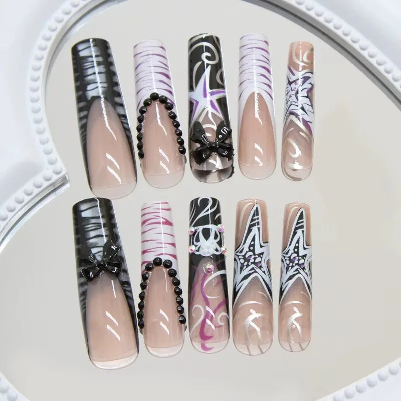 24Pcs Sweet Cool Spice Girl Press on Nails Black French Bow False Nails Y2k Star Glitter Diamond Nail Long Square Gel Fake Nails