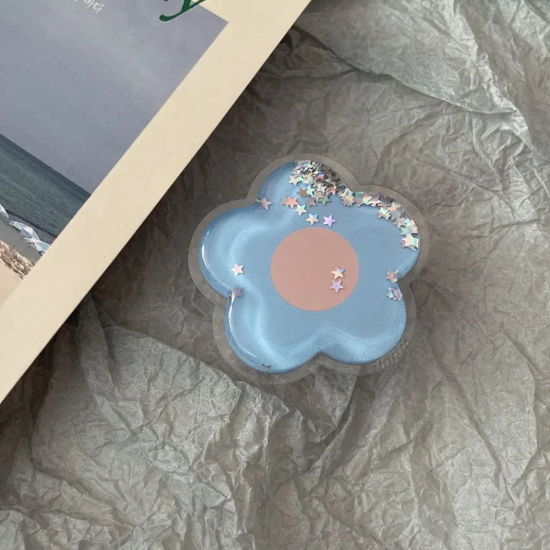 Cartoon Glitter Flowers Liquid Quicksand Phone Grip Stand Holder For iPhone Samsung Huawei Xiaomi Universal Finger Ring Bracket
