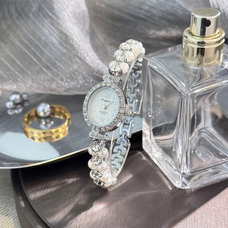 New Hot Pearl Bracelet Watch Luxury Diamond Encrusted Women Quartz Watch Oval Dial Ladies Wristwatches Dropshipping clock