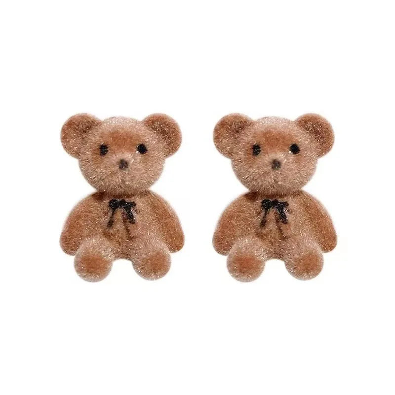Cute Flocking Plush Bear Stud Earrings Kawaii Brown Khaki Animal Earrings for Women Girls Korean Earring Jewelry
