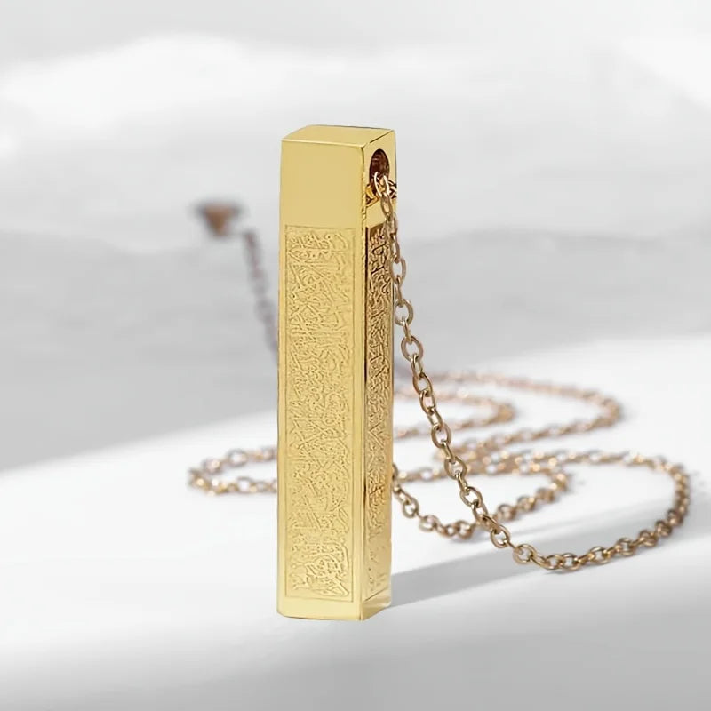 Stainless Steel Ayatul Kursi Cube Pendant Necklace Arabic Islamic Muslim Faith Religious Jewelry Ramadhan Gift for Women