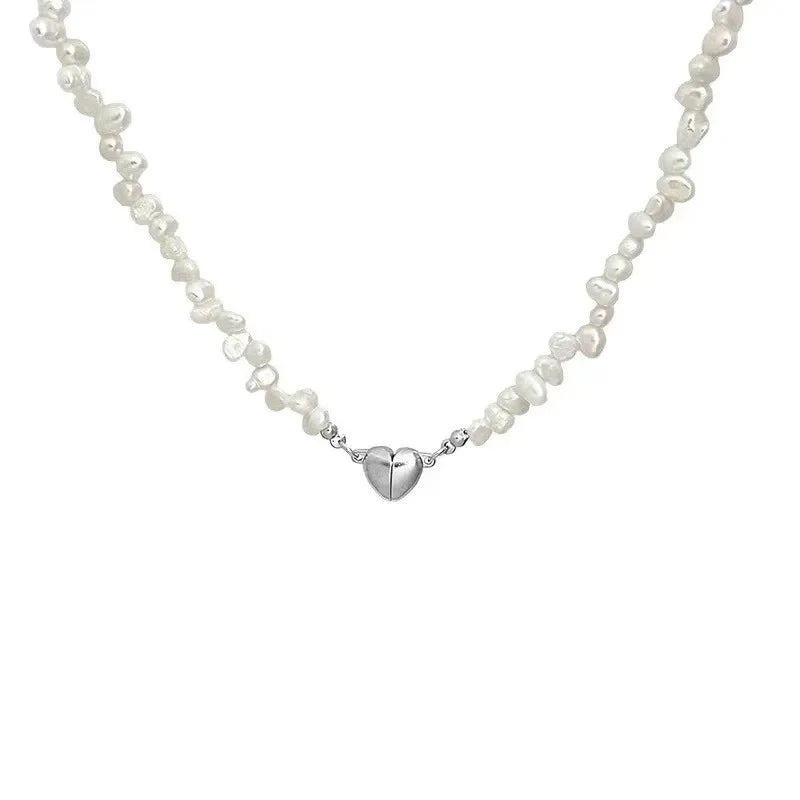 Korean Pearl Chain Choker Necklace Magnetic Heart Pendant for Women Girls 2024 Fashion Jewelry Bridal Engagement Wedding Gifts