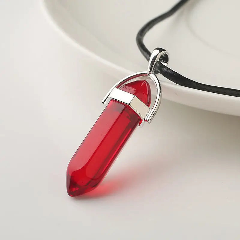 Natural Stone Pendant Necklace Ladies Girls Gift PU Leather Hexagonal Pillar Pointed Jewelry