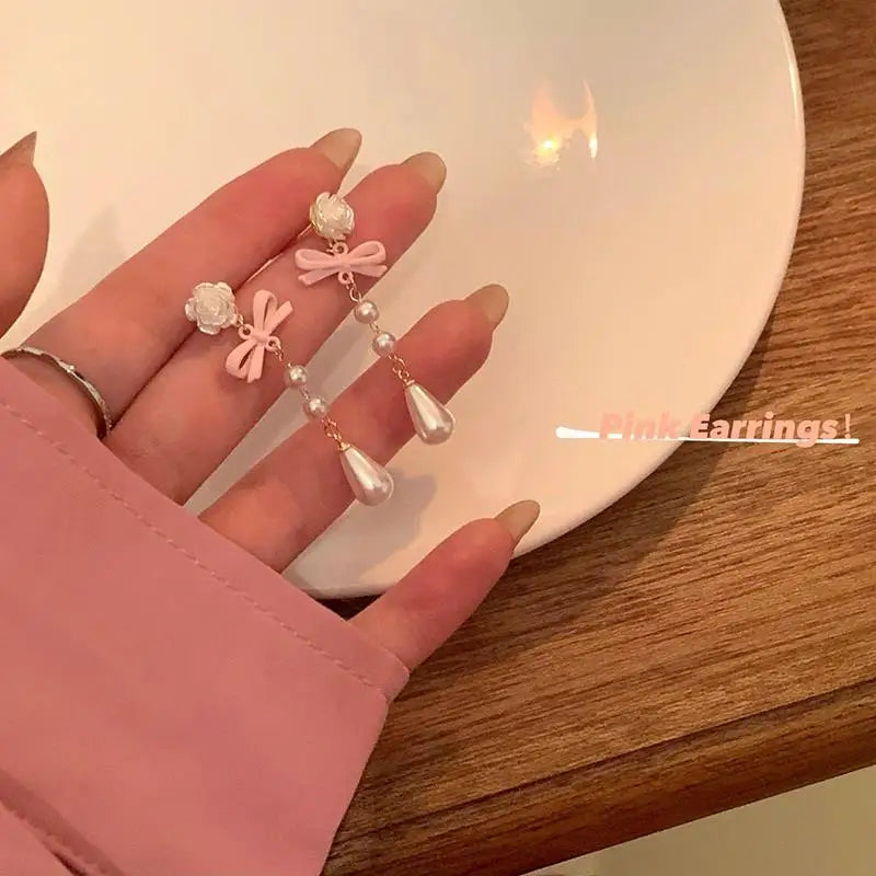 Fashion French Lovely Elegant Earring Vintage Mini Luxury Bow Heart Ear Stud Korean Style Pearl Earrings Women Drop Earrings