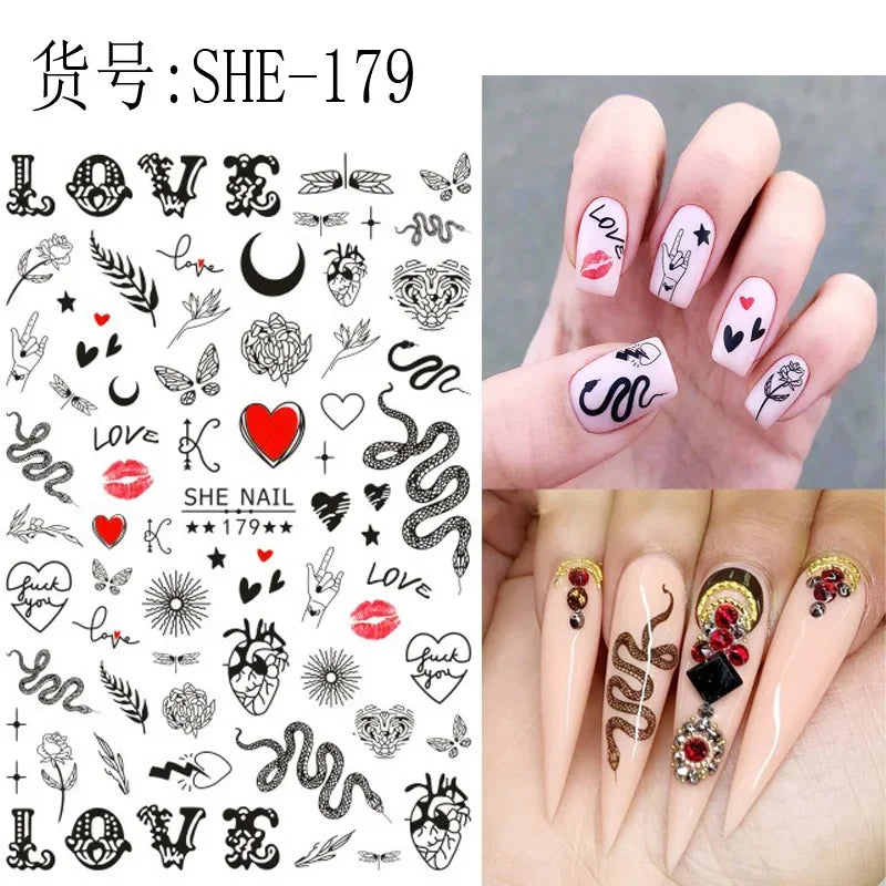 3D Chinese Red Black Dragon Manicure Decor Stickers Snake Nail Sticker DIY Self Adhesive Nail Decals Acrylic Nail Art Decoration