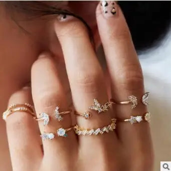 Vintage Korean Gold Silver Color Pearl Rings Set Jewelry For  Girls Butterfly Hollow Heart  Ring For Women Accessories