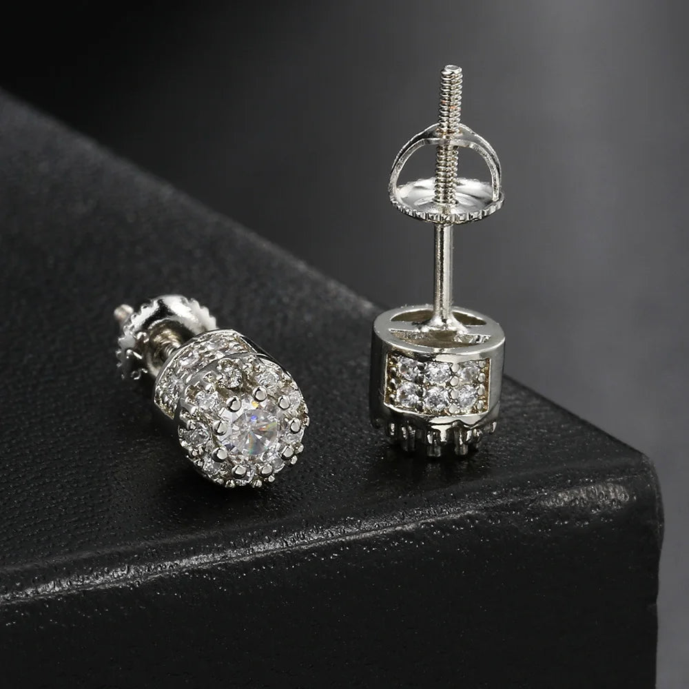 Hippie Iced Out Studs Earrings For Men Punk Silver Color Round Cubic Zirconia Earings Shiny Gold Color Jewelry Gift Male OHE174