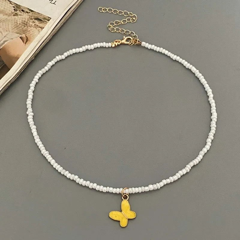 New Fashion Butterfly Pendnat Necklace Small Seed Beads Gift  Choker Necklace White Color Neck Jewlery