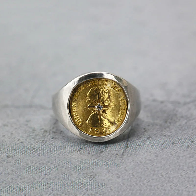 Creative Handmade Coin Open Ring Fashion Trend Elizabeth Brass Coin Adjustable Ring Women Jewelry Gift