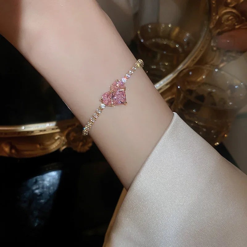 Inlaid Square Zircon Rhinestone Chain Bracelet For Women White Pink Love Heart Bracelets Bangles Wristband Jewelry Gift For Girl