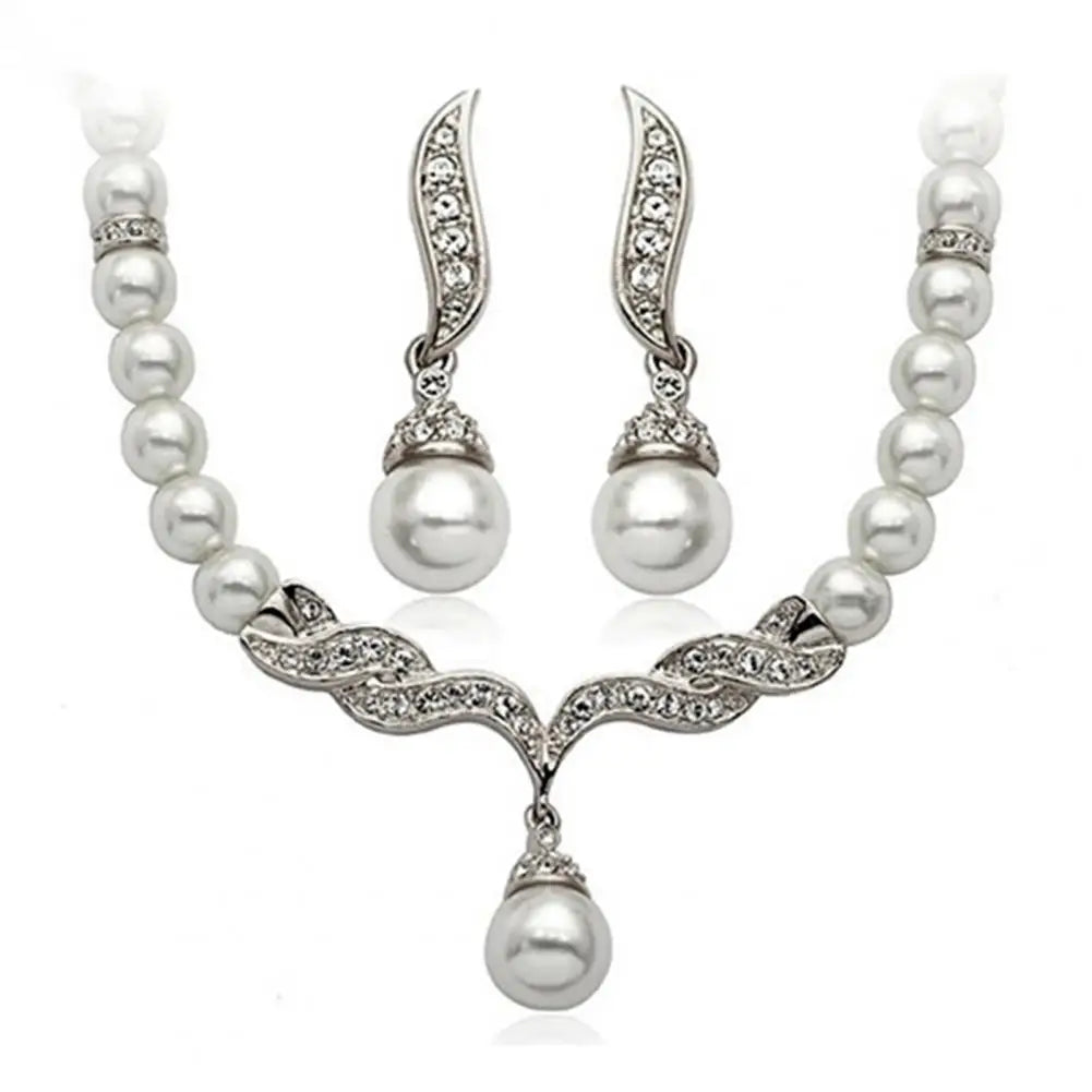 Necklace Earrings Women Jewelry Set Faux Pearl Bridal Wedding Alloy Party Studs Necklace Earrings Set Gifts