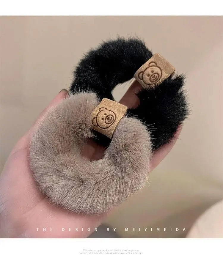Autumn and Winter Plush Patch Bear Towel Ring Hair Tie Korean Style Hair Accessories Headband Thick High Elastic Hair Rope