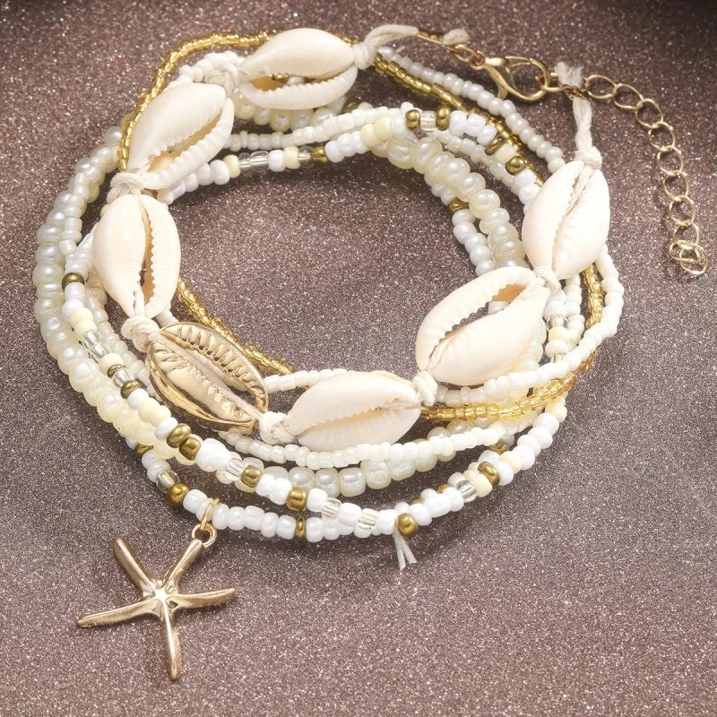 7PC/set Shell Starfish Pendant Rice Beads Beaded Women's Ankle Chain or Bracelet Summer Fashion Multi-layer Vintage Jewelry 도매