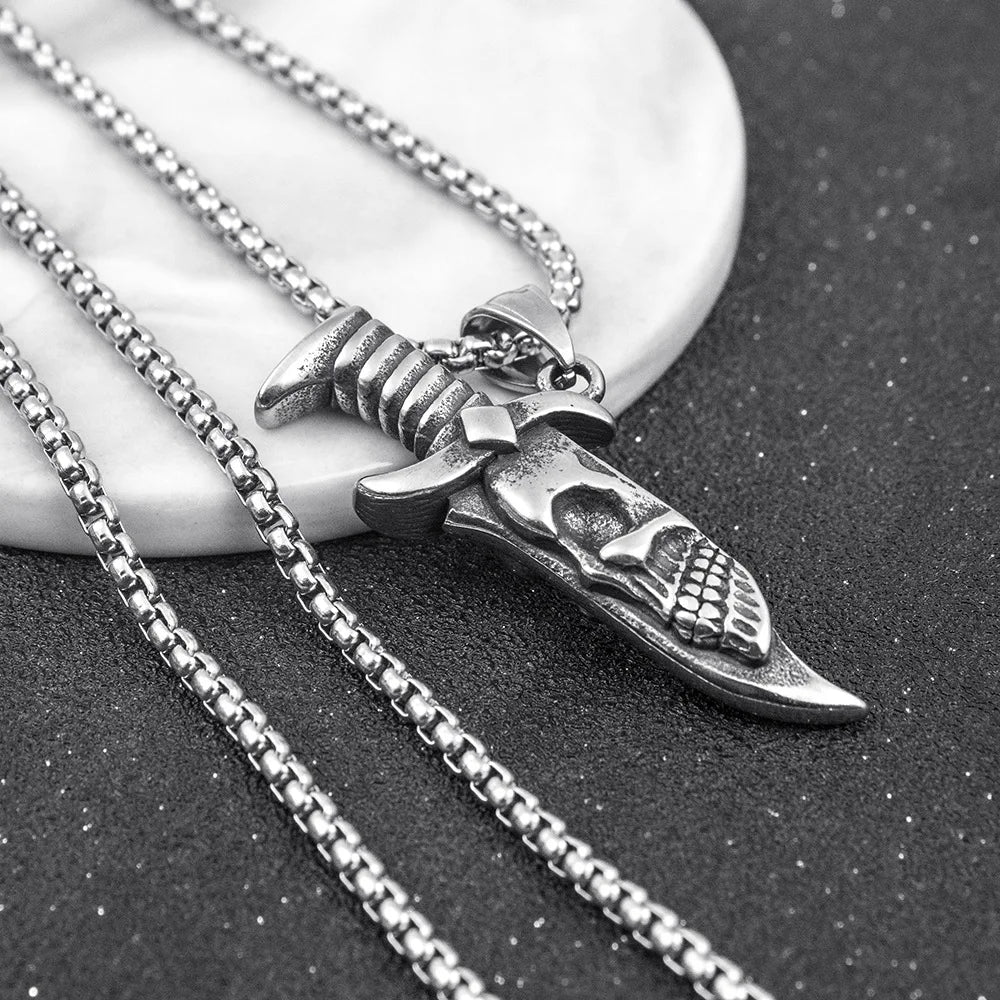 Men's Necklace Stainless Steel Dagger Skull Pendant Vintage hip-hop Jewelry Silver Color Male Neck Chain Punk Jewelry Wholesale