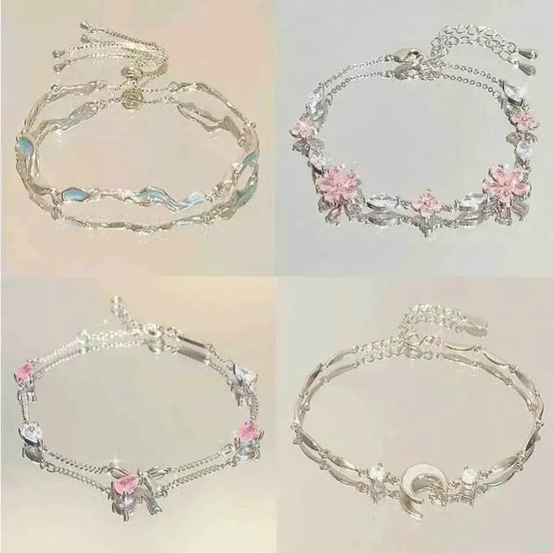 Elegant Fairy Pink Crystal Zircon Sakura Flowers Bracelet for Women Y2K Sweet Girls Cherry Blossom Moon Bow Knot Jewelry Gifts