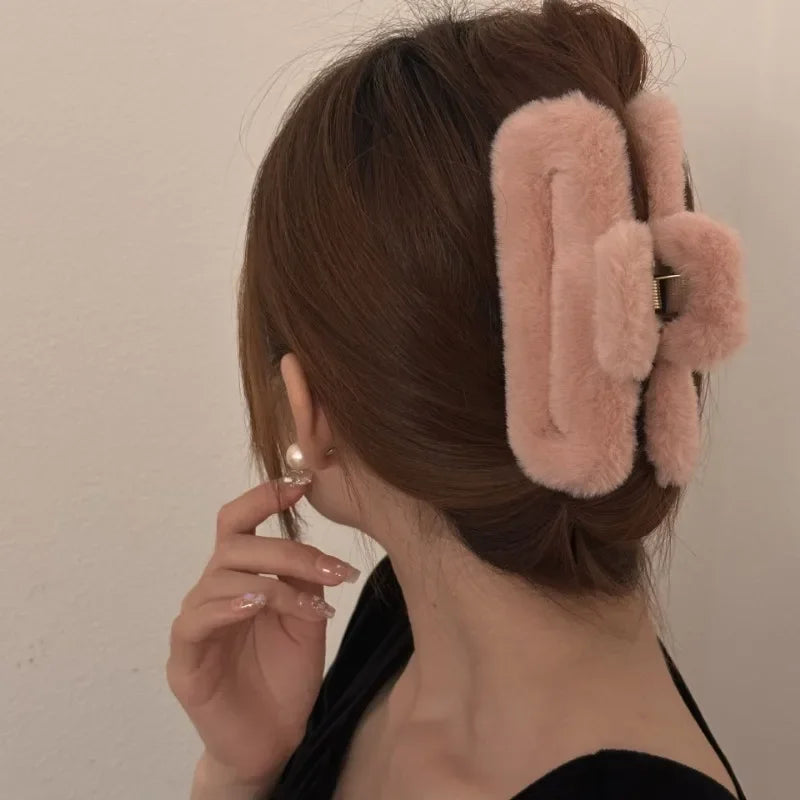 Colorful Plush Square Large Hair Claw Hairpin Women Girls Fashion Design Korean Sweet Simple Fluffy Hair Clip Headwear Wholesale