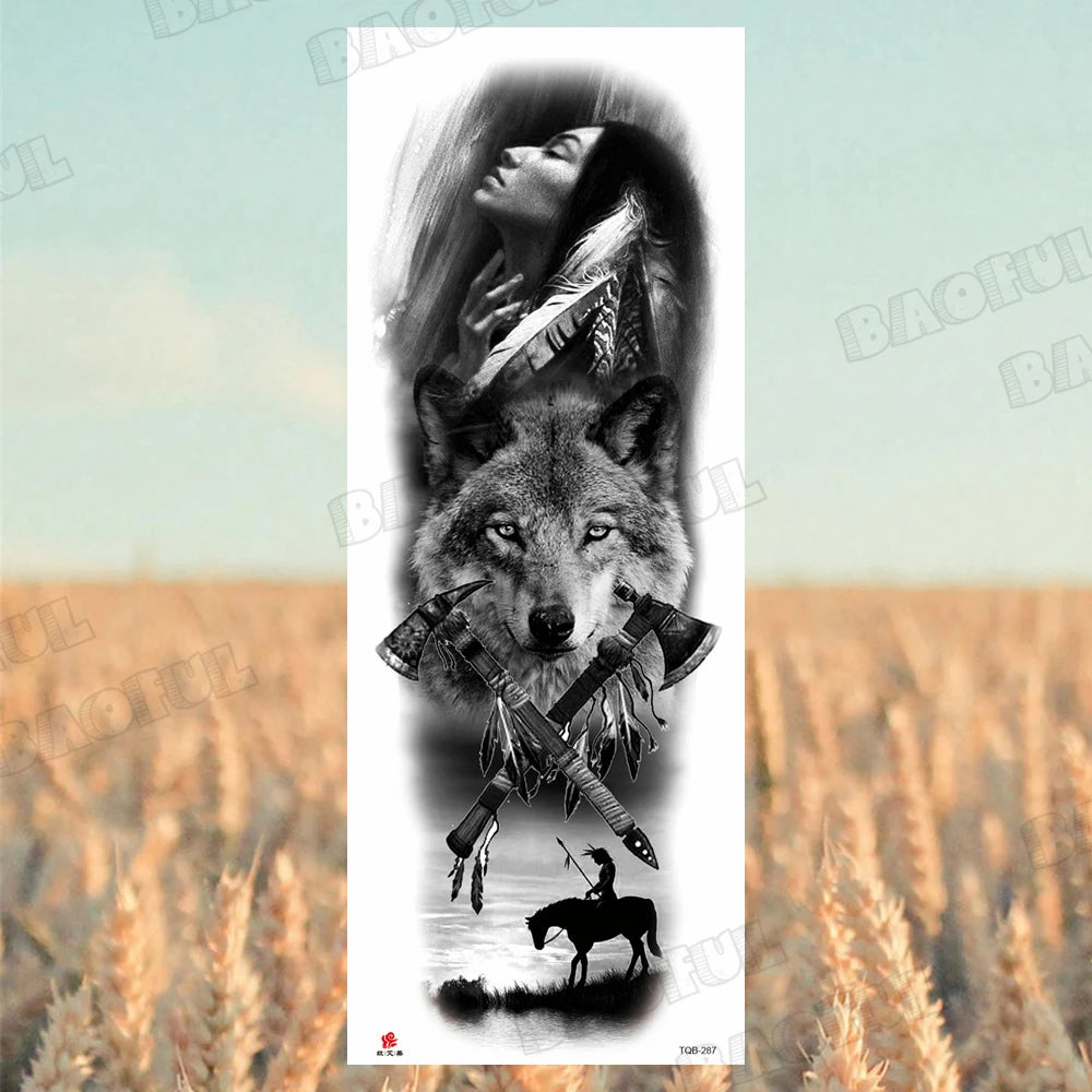 Arm Sleeve Temporary Tattoos For Women Men Realistic Wolf Lion Rosette War Maori Flower Fake Tattoo Stickers Sexy Thigh Tatoos