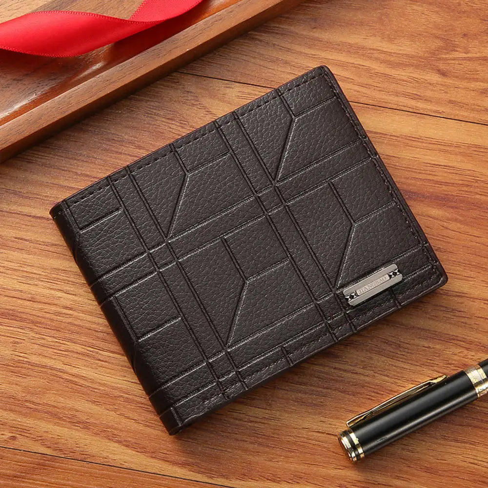 Lychee Texture PU Leather Men's Wallet Short Cash Purse Multi Card Slot Patchwork Card Holder Photo Holder Horizontal Money Clip
