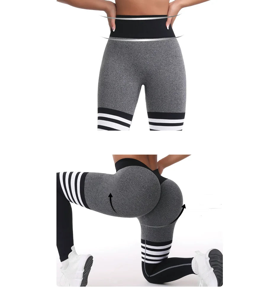 Women Seamless Stripe Yoga Leggings Sexy High Waist Tummy Control Scrunch Butt Lifting GYM Workout Pants Outdoors Sports Fitness