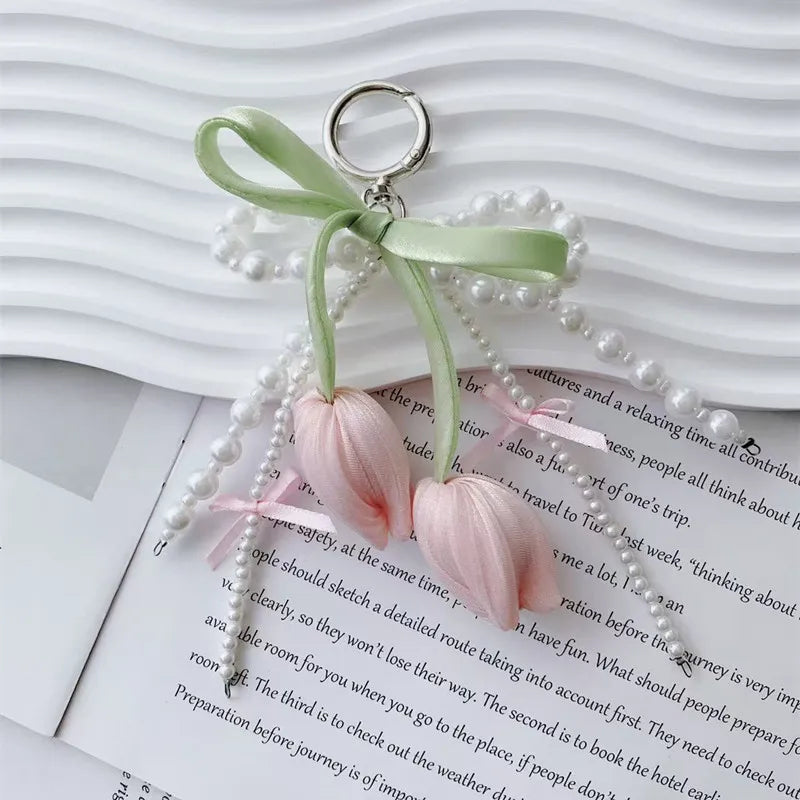 Blue Pink Lattice Ribbon Keychains Bowknot Pearls Heart Bag Pendant Elegant Beaded Keyring Y2k Sweet Korea Jewelry Accessories