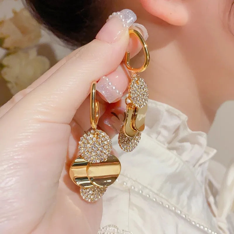 Temperament Geometric Stainless Steel Round Dangle Earrings for Women New Fashion Luxury Crystal Zircon Pendant Jewelry Gifts