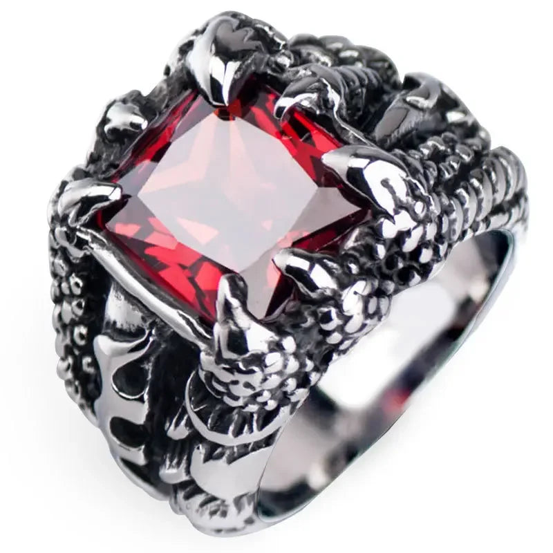 Gothic Blue and Red Crystal Evil Demon Dragon Claw Ring for Men Gram Biker Punk Rock Hip Hop Cool Jewelry Accessories