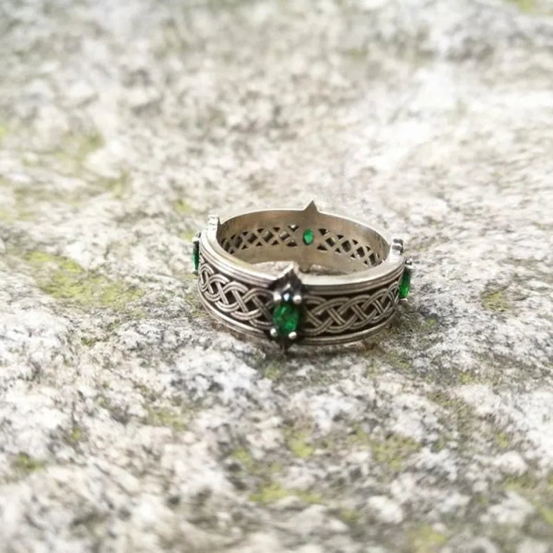 Vintage Green Gemstone Celtic Knot Ring Witchcraft Witch Knot Open Adjustable Ring Lucky Jewelry for Men Women
