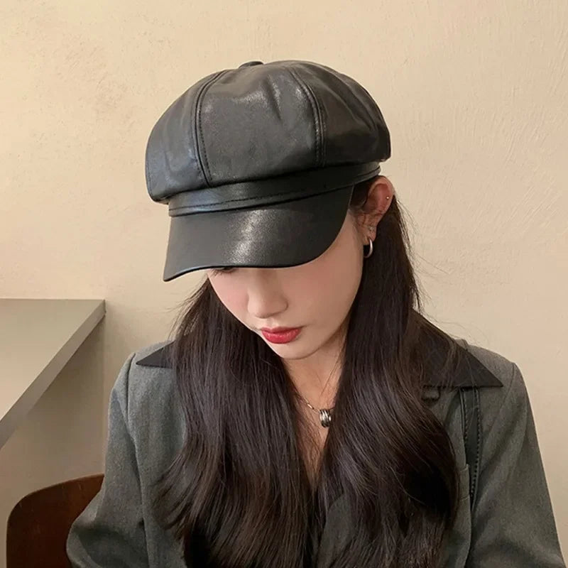 8 Panels Newsboy Caps for Women PU Leather Cabbie Painter Hat Gatsby Ivy Beret Cap