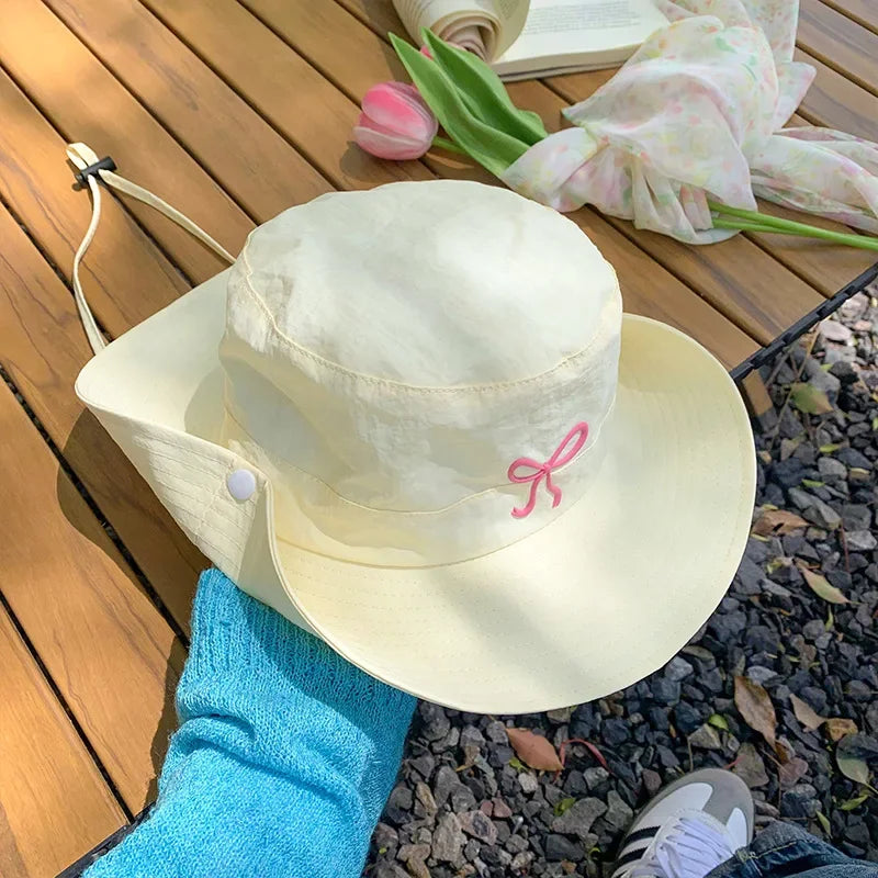 Fashion Bow Embroidery Quick Dry Bucket Hat Summer Hiking Camping Caps Wide Brim Fordable Sunscreen Y2K Hats Girl Women