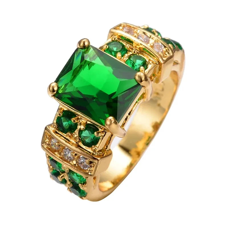 Trendy Green Crystal Ring Charm Gold Color Wedding Ring Women\'s Luxury Square Zirconia Promise Engagement Ring