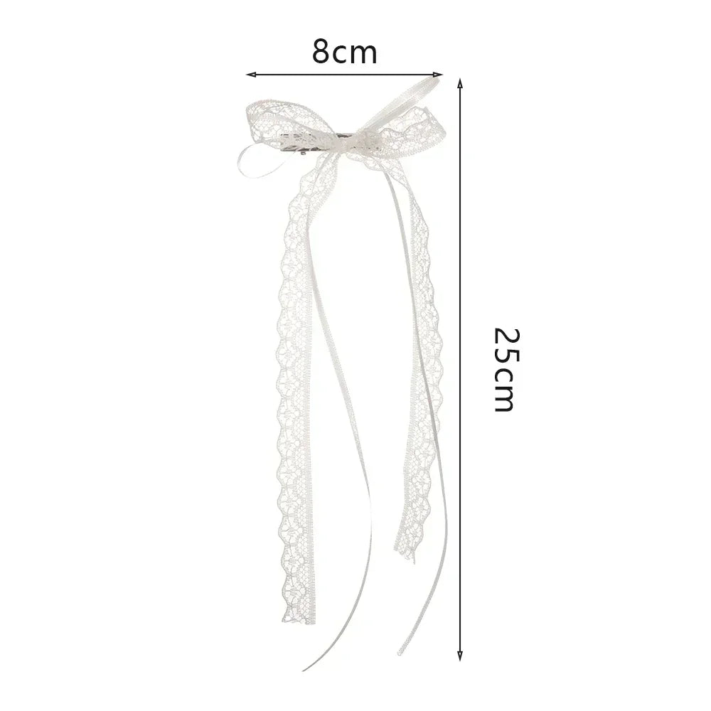 2pcs Korean Fashion Lace Bow Hairpin Women Girls Ribbon Hair Clips White Long Ribbon Bow Top Clip Female Hair Accessories Gifts