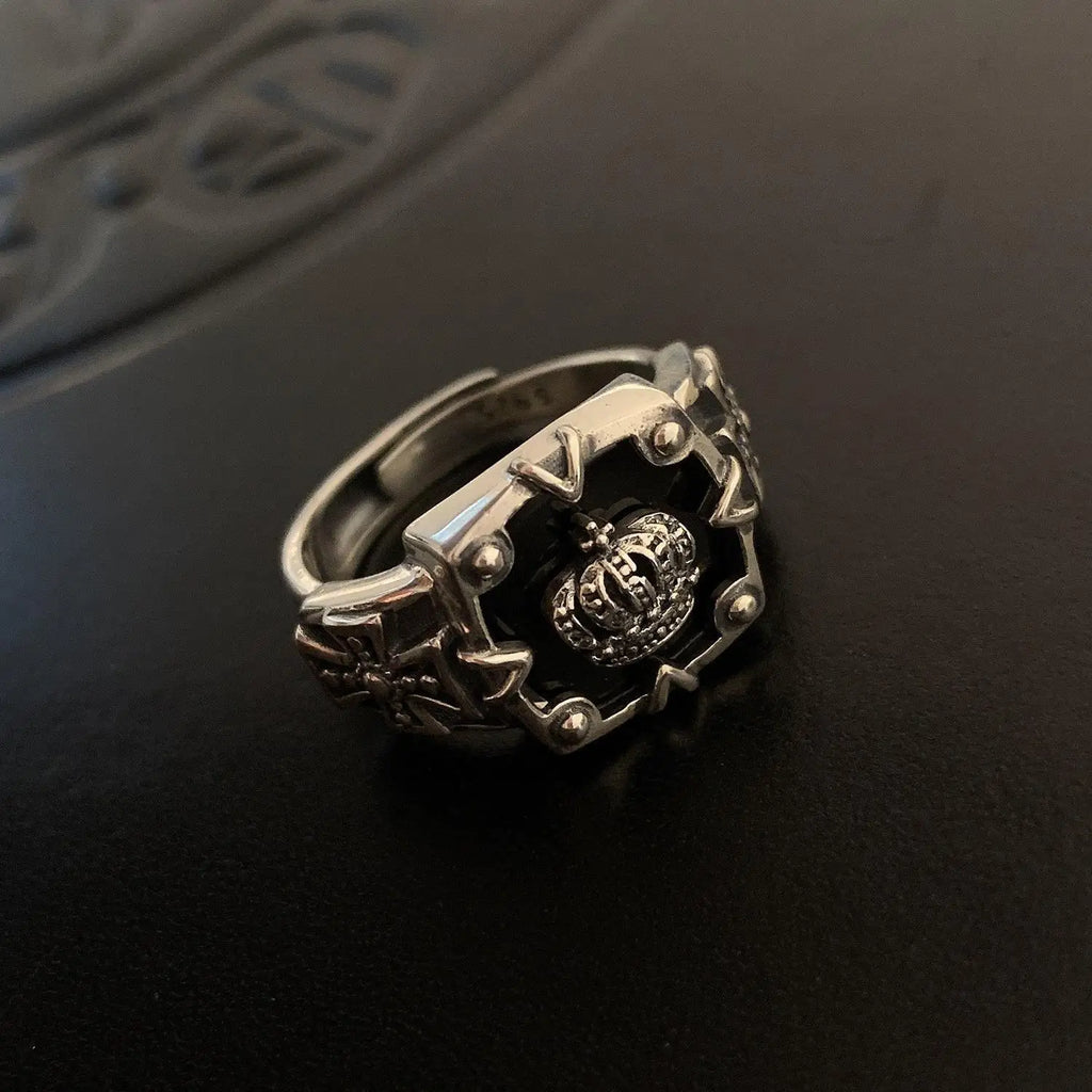 Best Sellers! Retro S925 Thai Silver, Crown Hip Hop Heavy Industry Dark Open Ring