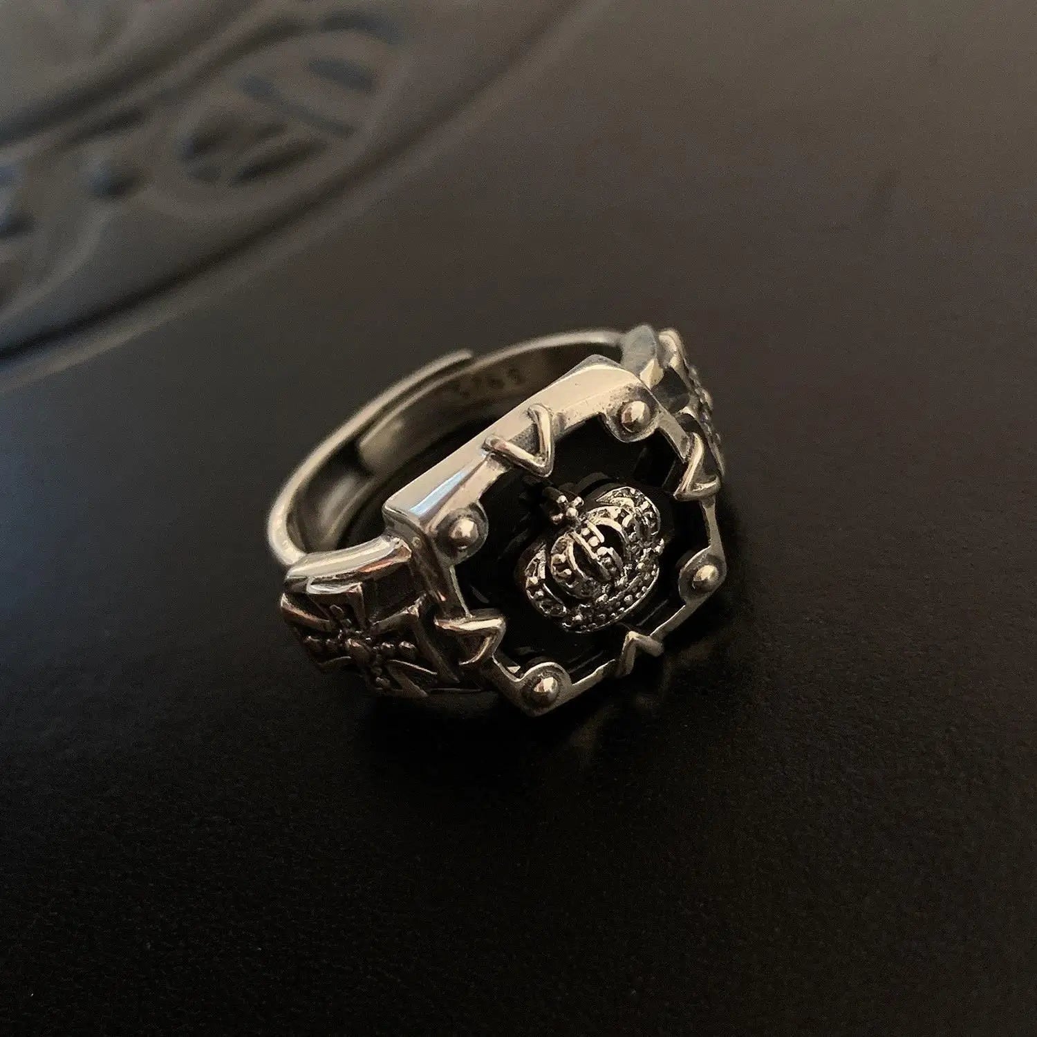 Best Sellers! Retro S925 Thai Silver, Crown Hip Hop Heavy Industry Dark Open Ring